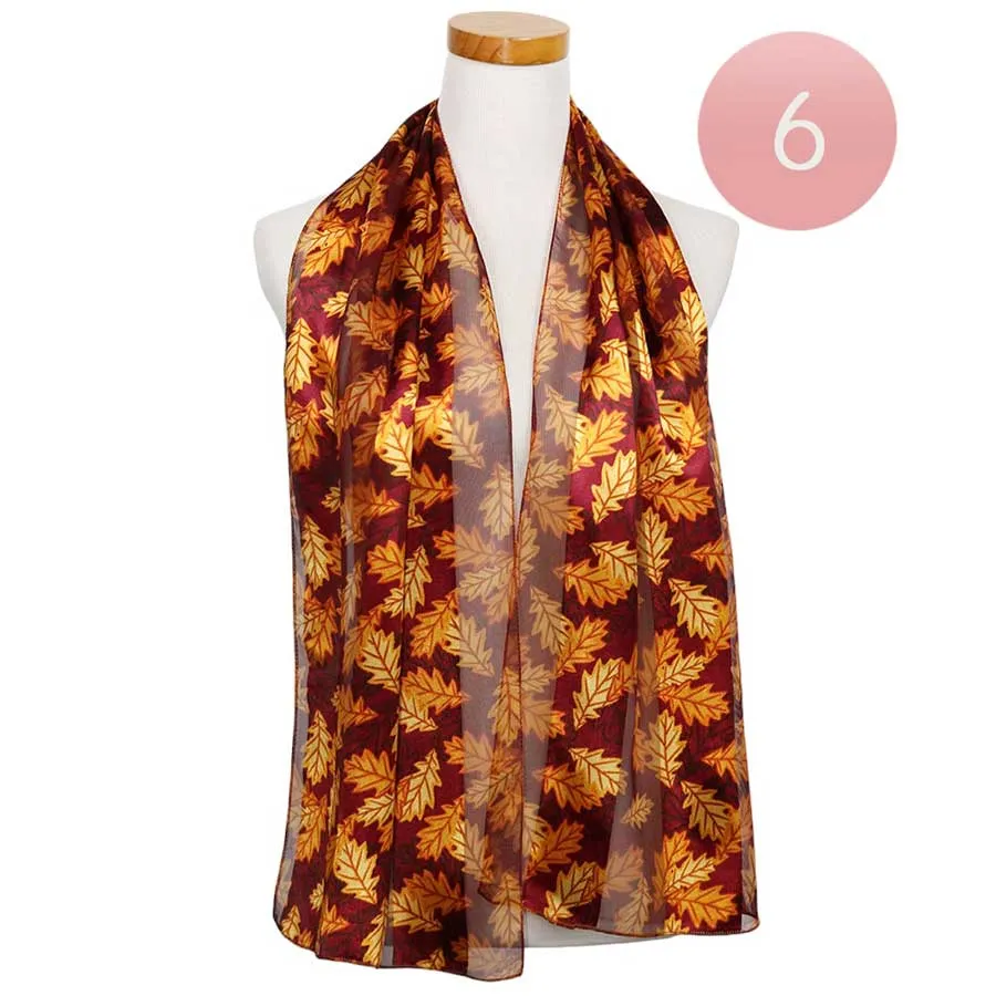 6PCS Silk Feel Striped Leaf Print Scarf