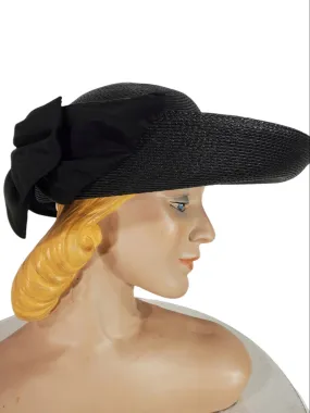 80s Black Straw Wide Brim Hat