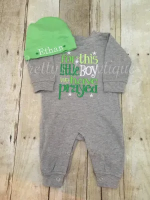 Baby Boy Coming home outfit -- For this Little BOY I or WE have Prayed one piece romper with matching beanie