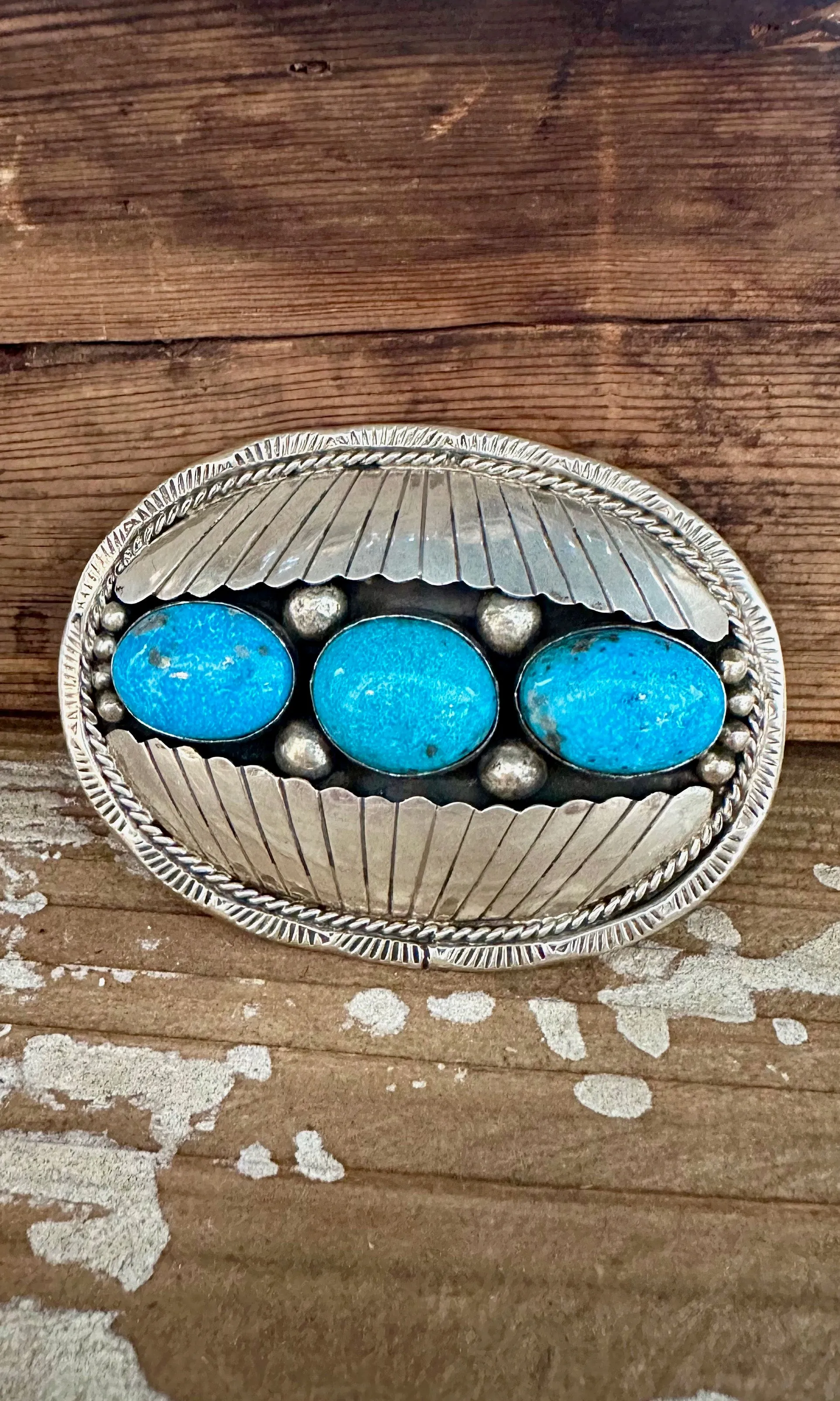 BETTA LEE Large Sterling Silver and Turquoise 68g Belt Buckle