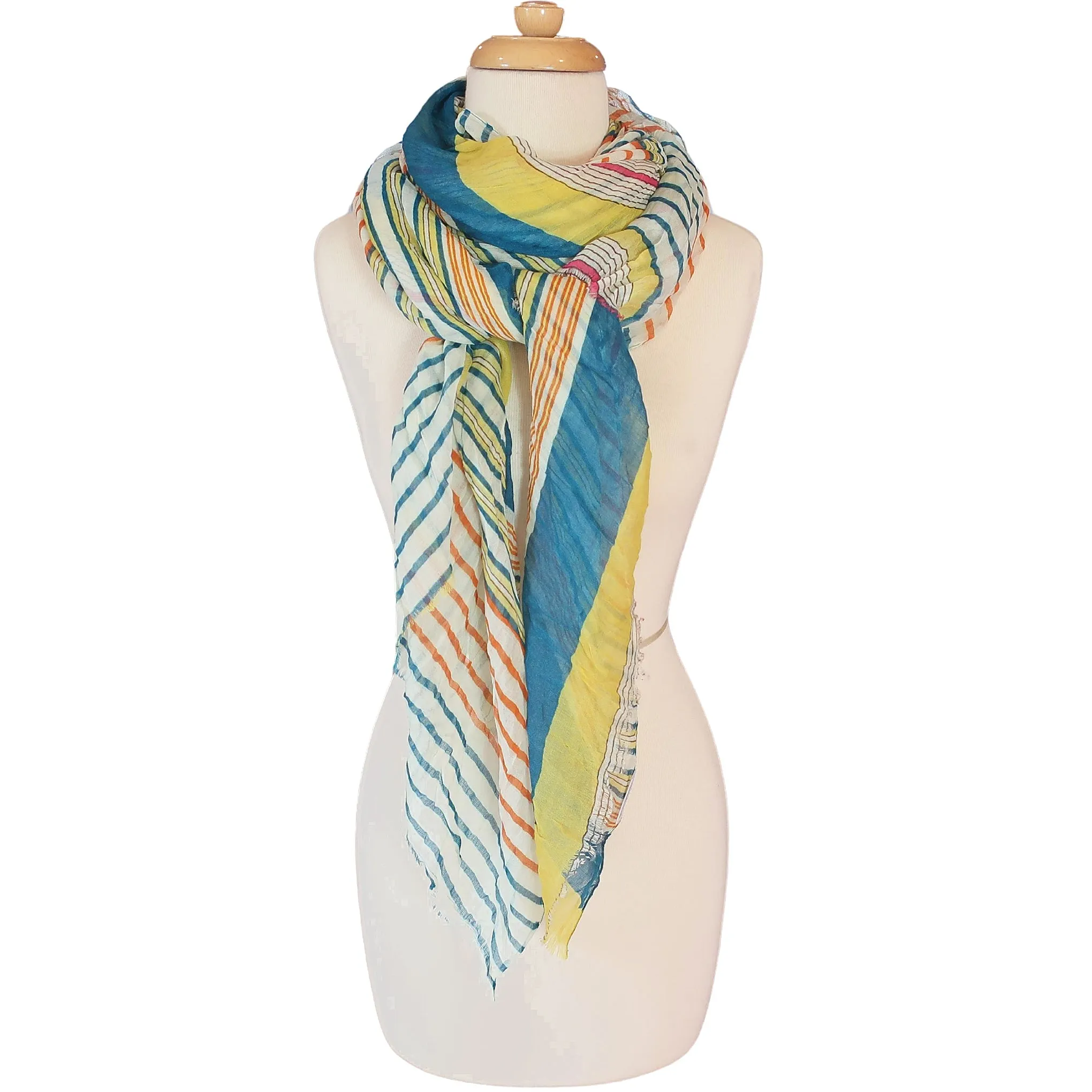 Blue Pacific Cotton Starburst Striped Scarf in Teal Blue and Yellow