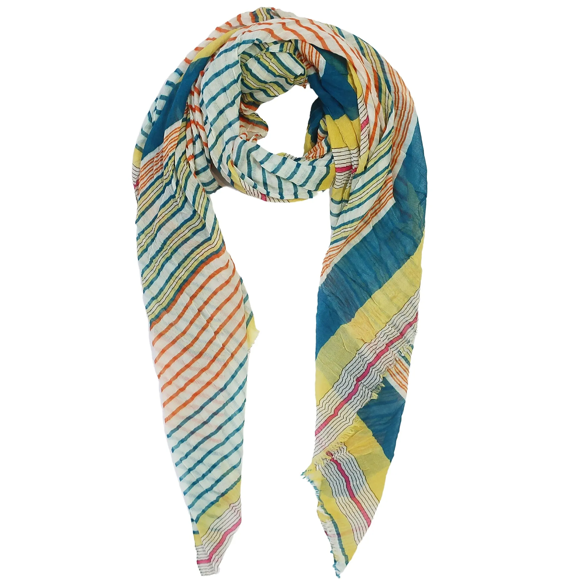 Blue Pacific Cotton Starburst Striped Scarf in Teal Blue and Yellow