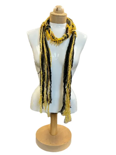 Boho Beaded Lightweight Mohair Scarf Necklace - Black and Gold with Beads