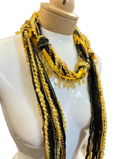 Boho Beaded Lightweight Mohair Scarf Necklace - Black and Gold with Beads