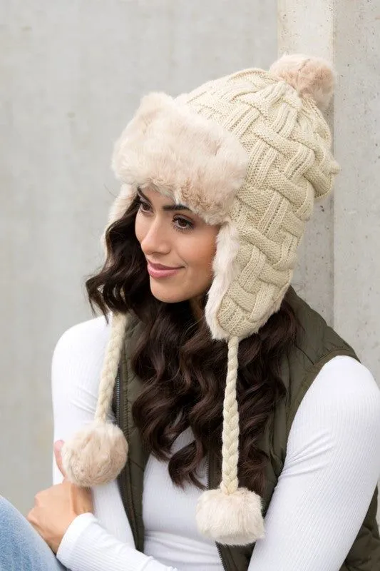 Cable Weave Pom Trapper Hat