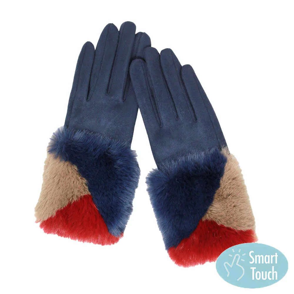 Color Block Faux Fur Cuff Accented Soft Suede Smart Gloves