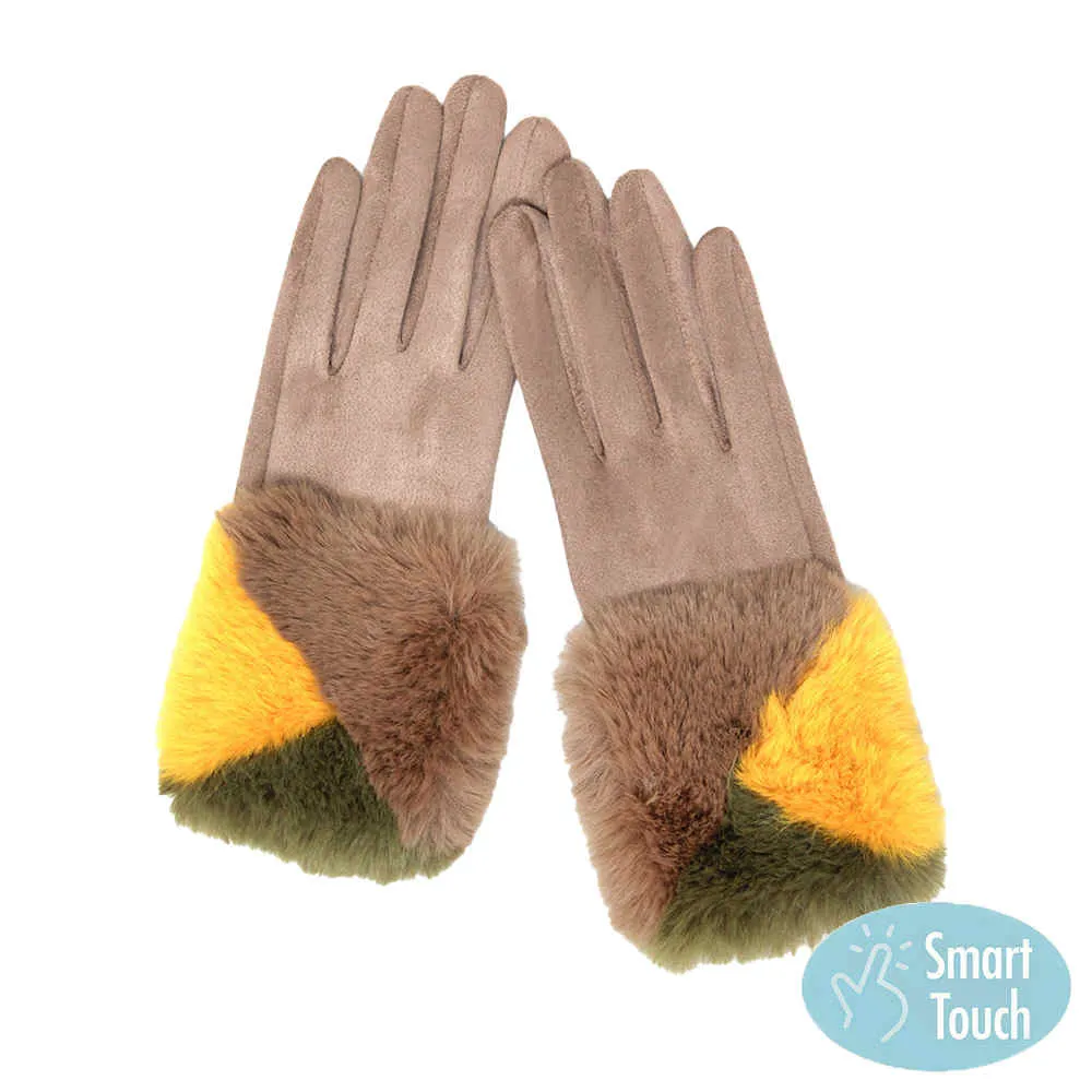 Color Block Faux Fur Cuff Accented Soft Suede Smart Gloves