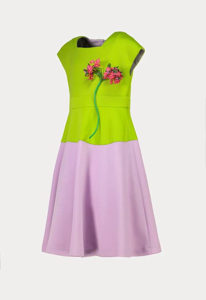 Color Block Flower Adornment Midi Dress