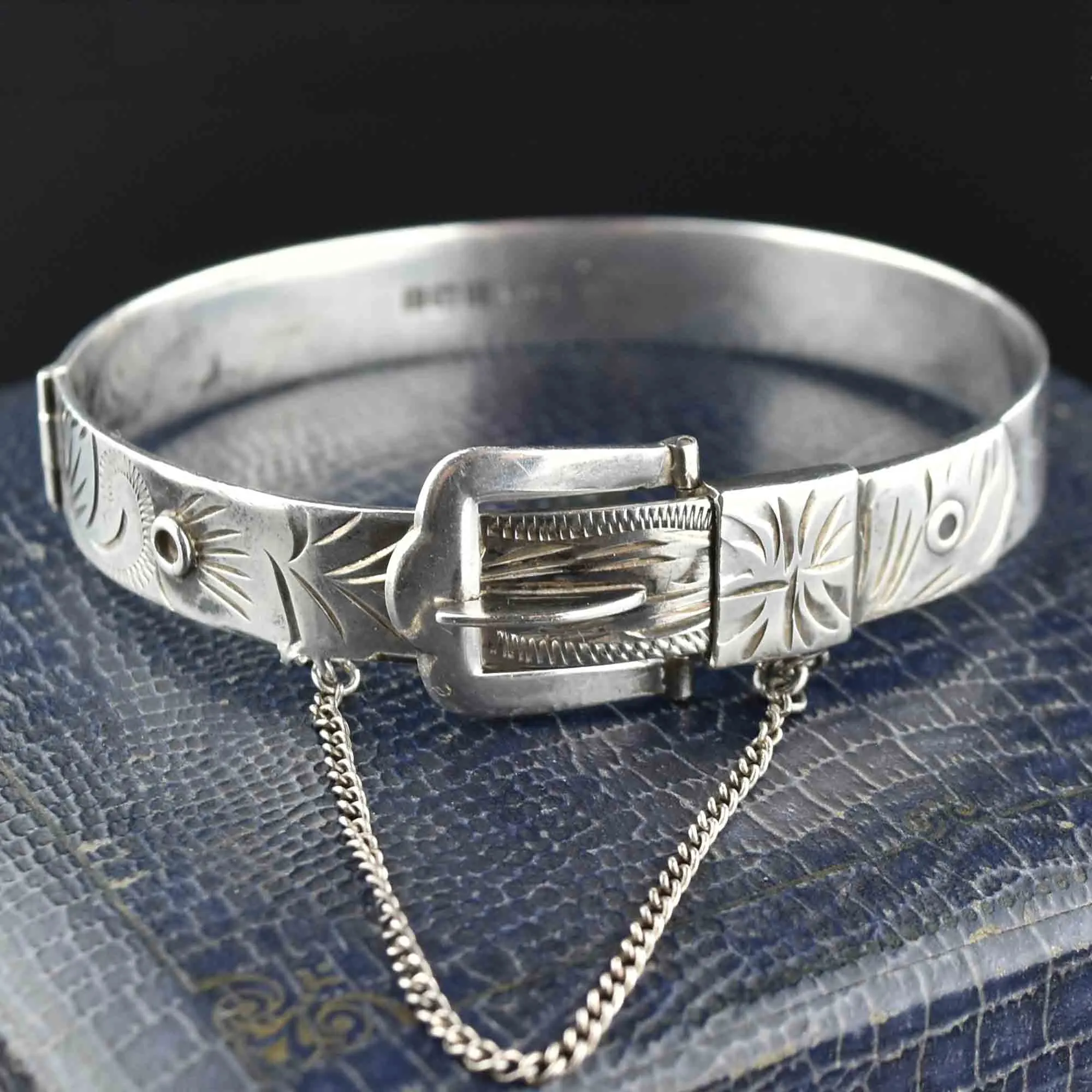 Engraved Victorian Revival Sterling Silver Buckle Bangle