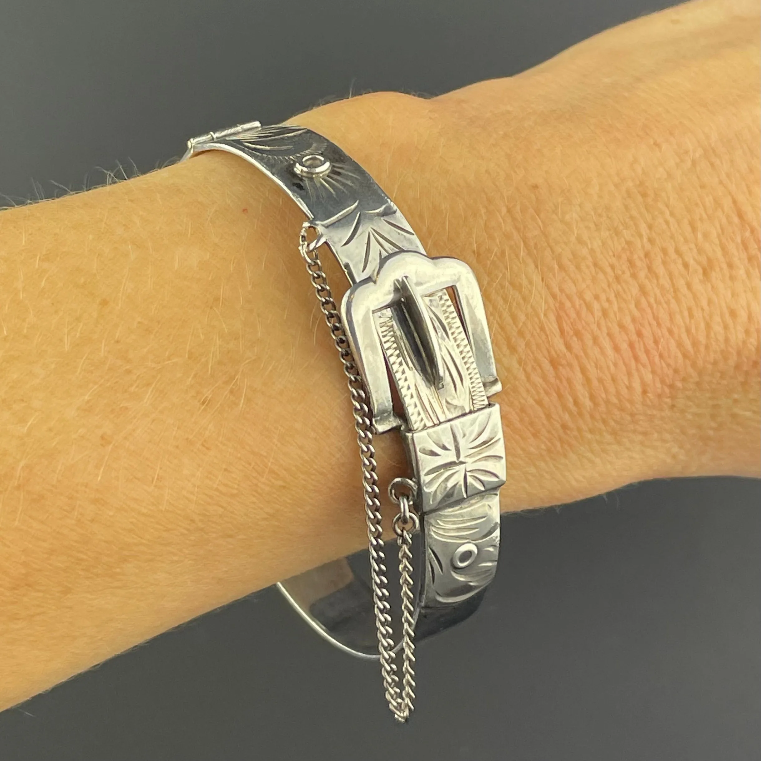 Engraved Victorian Revival Sterling Silver Buckle Bangle