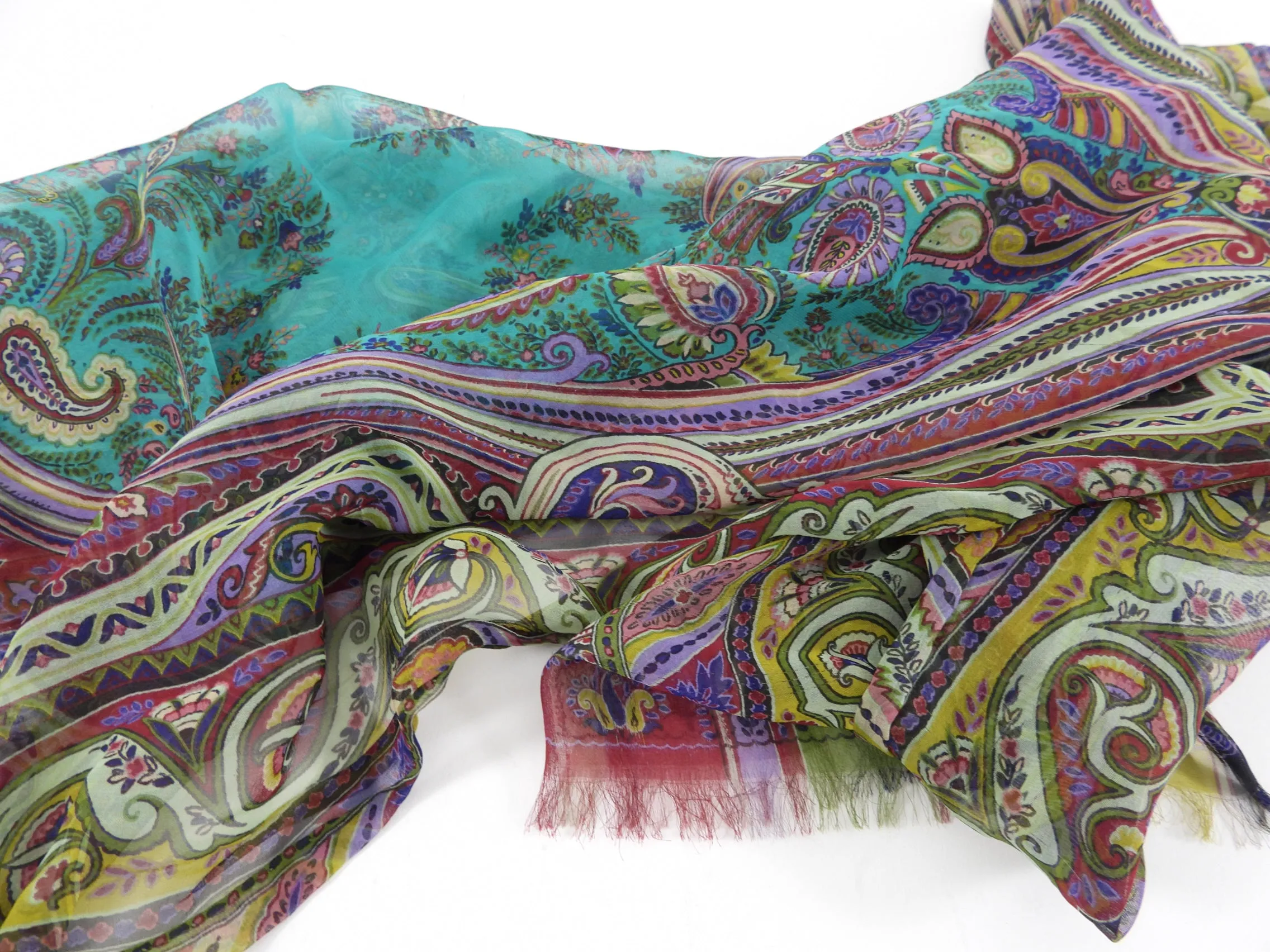 Etro Green Purple Paisley Silk Chiffon Scarf