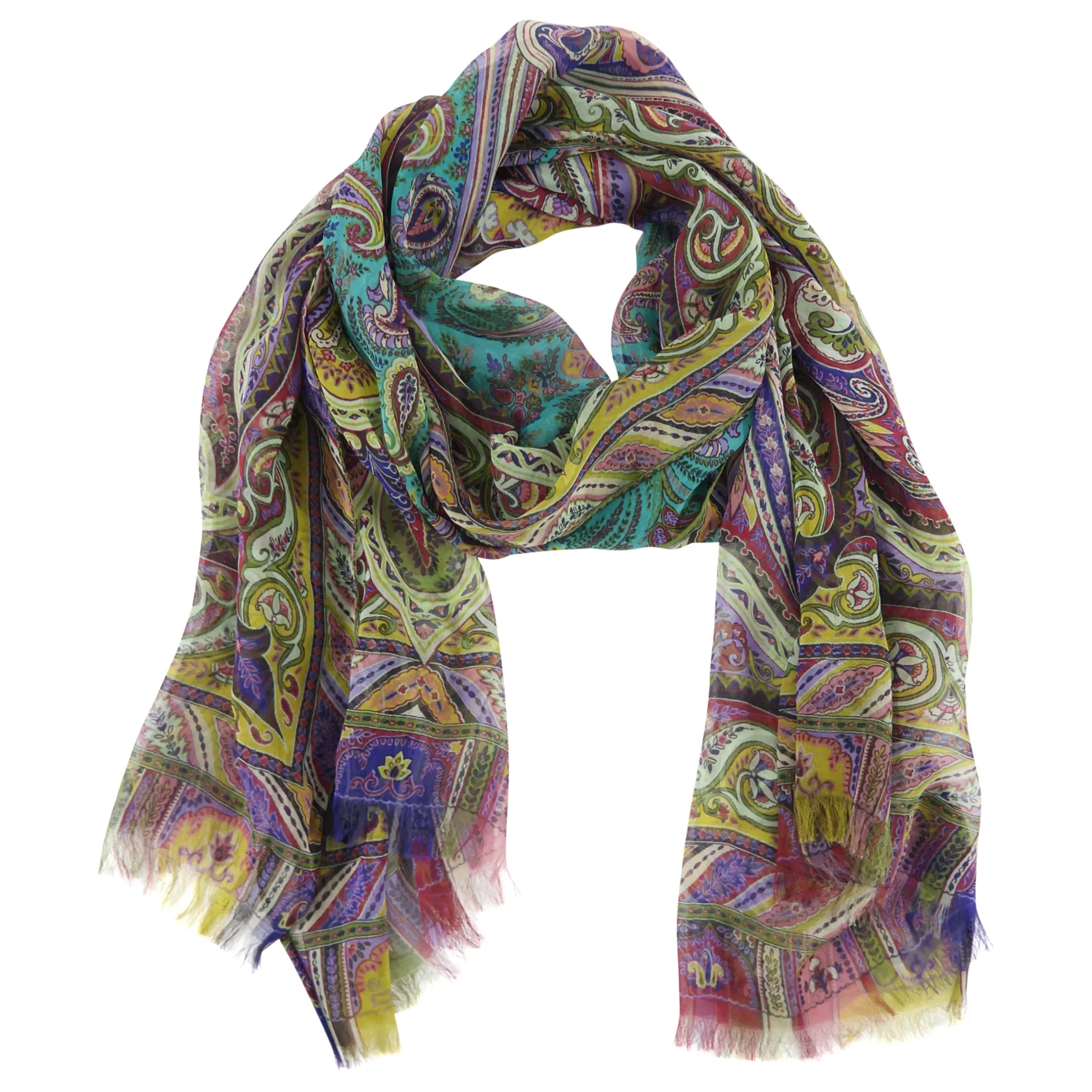 Etro Green Purple Paisley Silk Chiffon Scarf