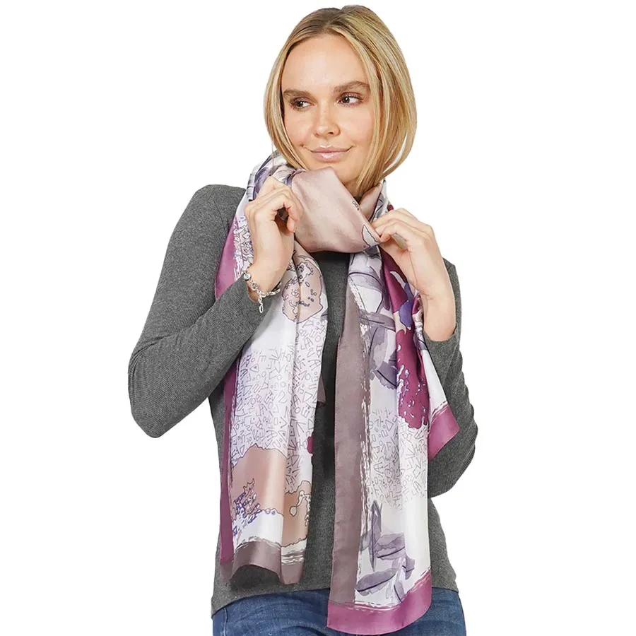 Flower Print Satin Oblong Scarf