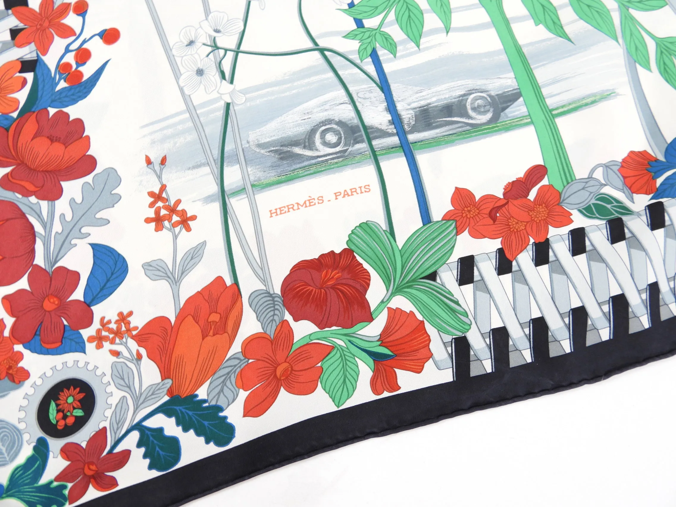 Hermes Vintage Les Bolides 90cm Square Racecar and Floral Scarf