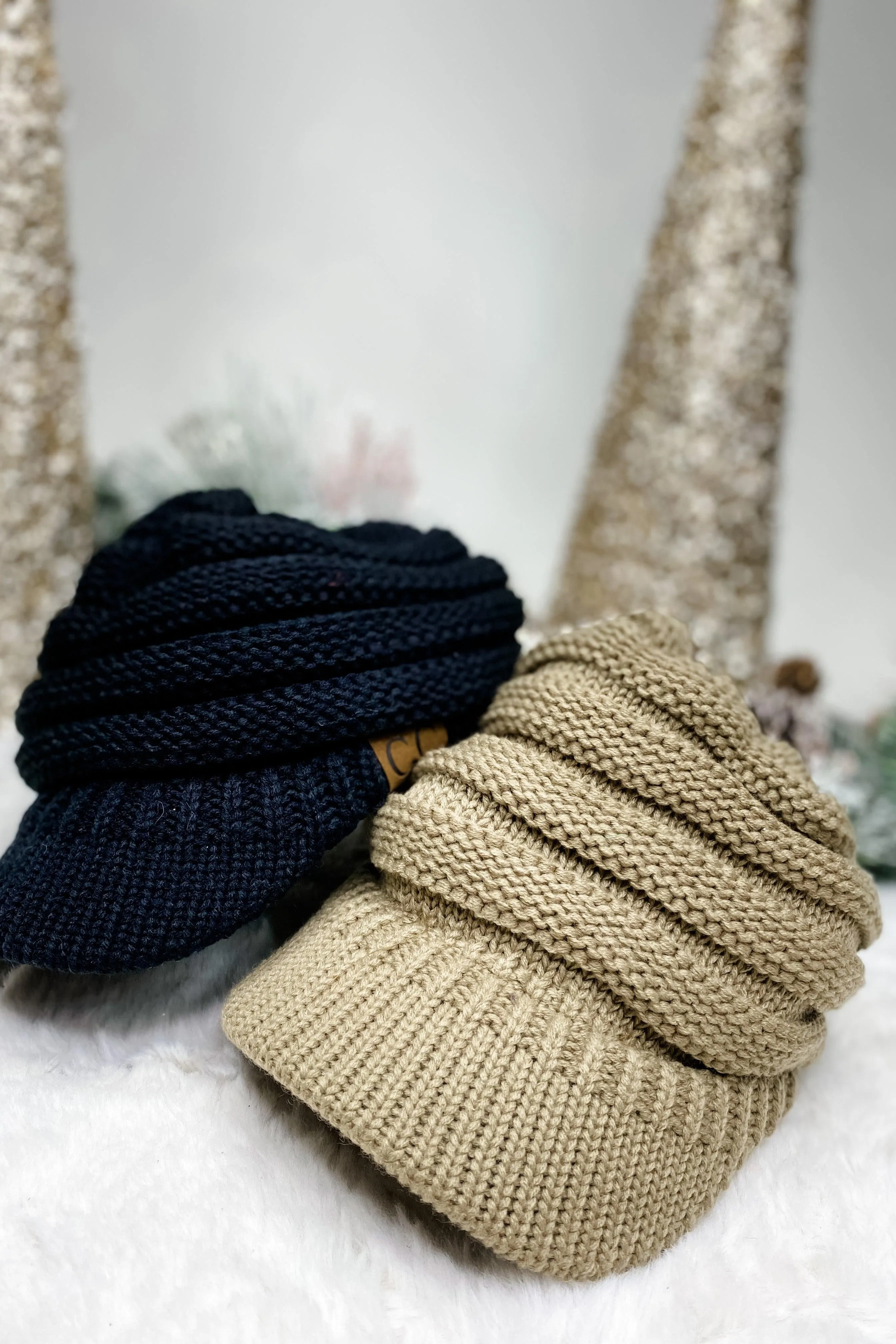 JT- {Black & Mushroom} Knit Brimmed Beanie