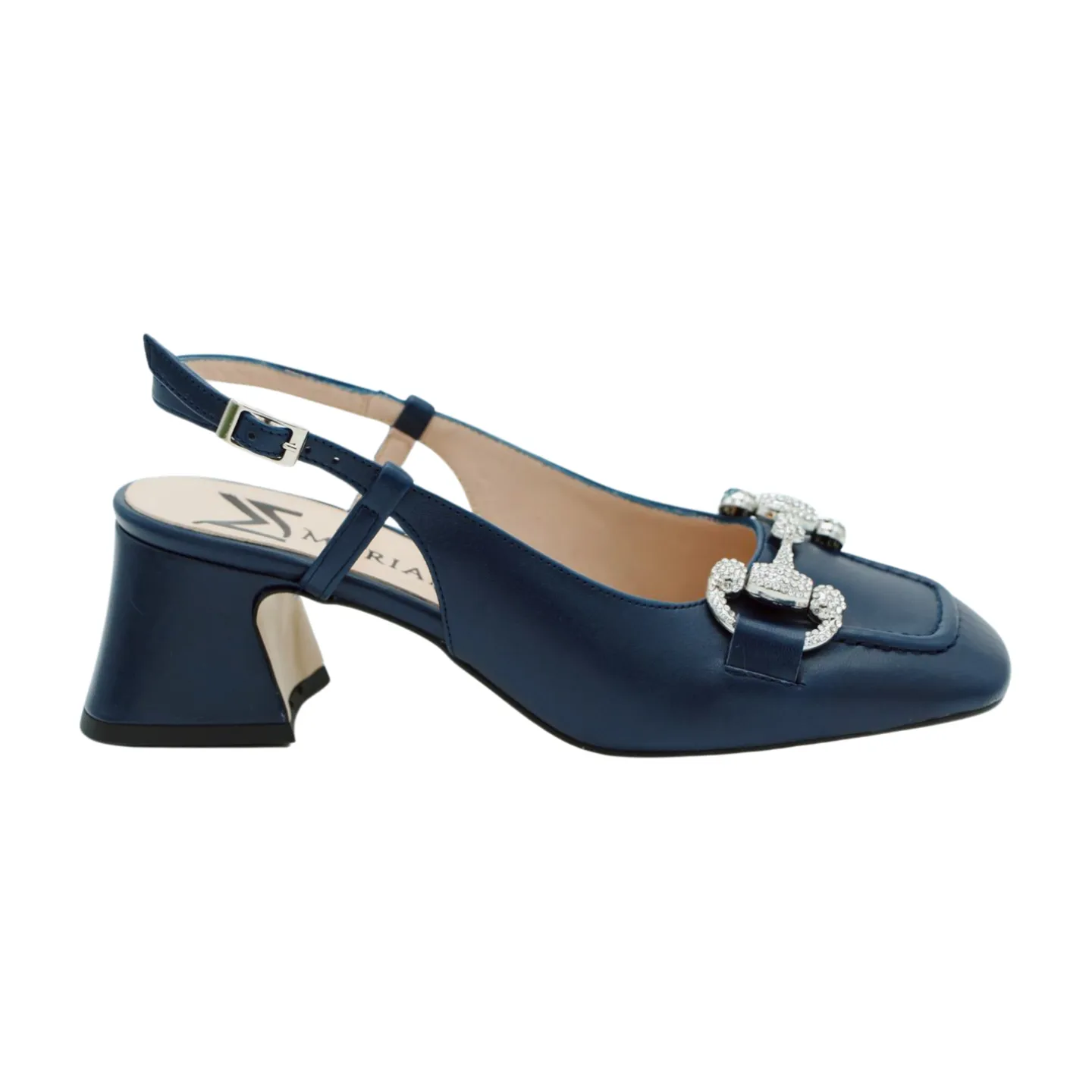 MARIAN Navy Leather Sling back  Shoe with Diamante Buckle