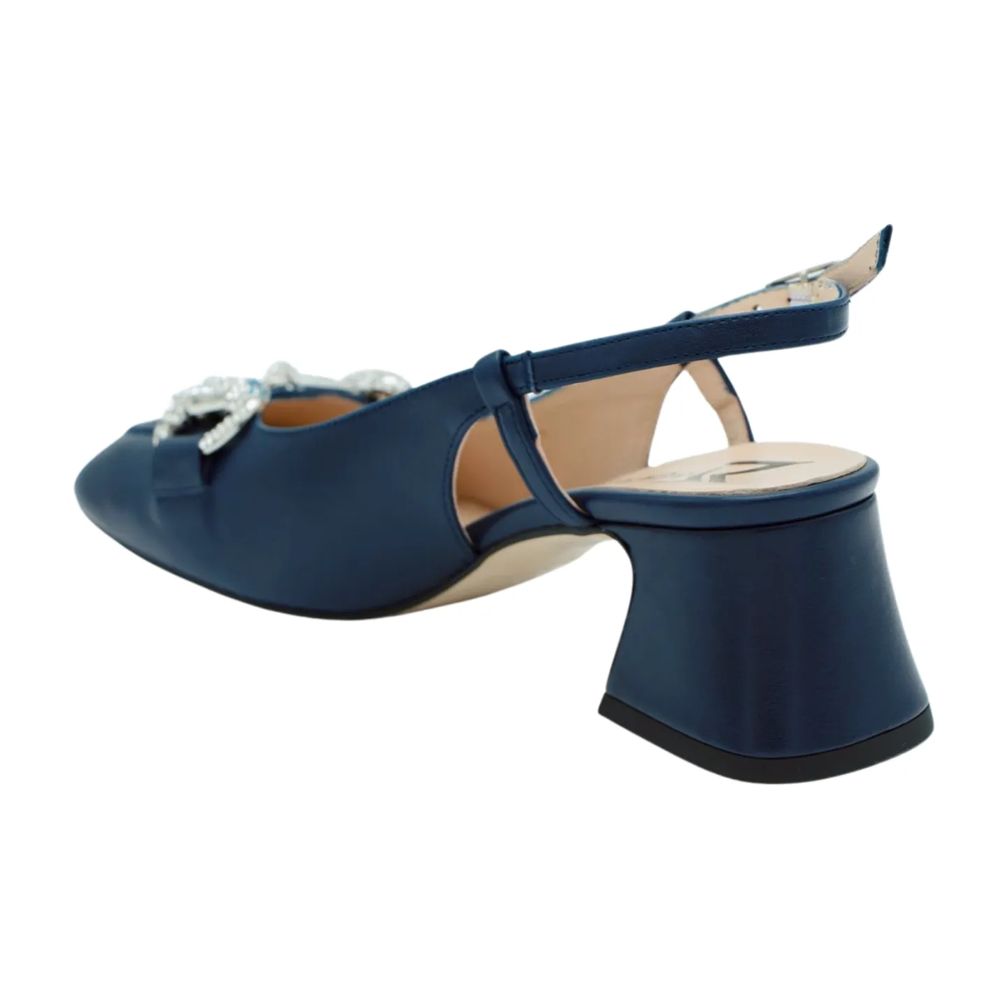 MARIAN Navy Leather Sling back  Shoe with Diamante Buckle