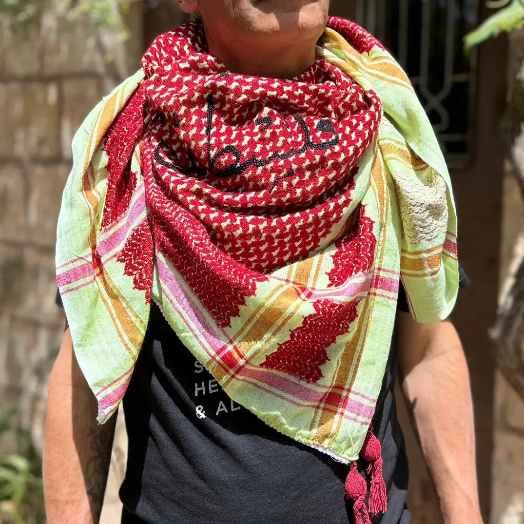 Palestinian Made Keffiyeh from Hebron, Palestine with Hand Embroidered Tatreez from Women in Jerusalem