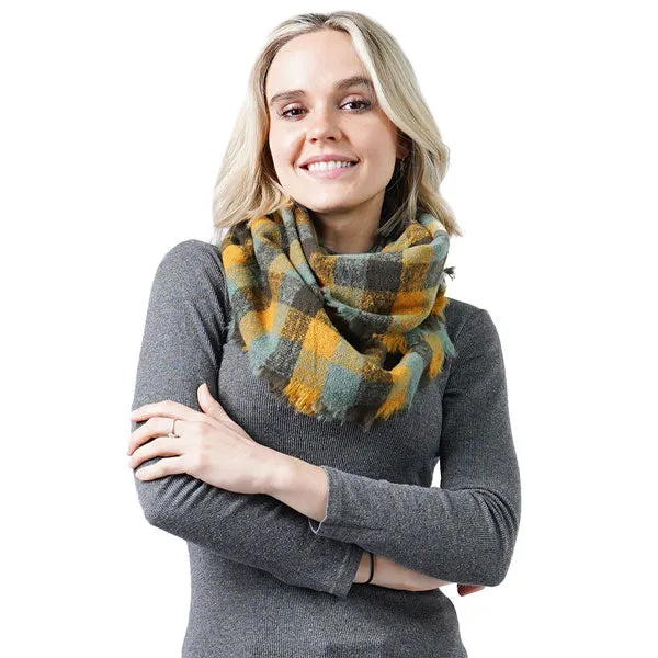 Plaid Check Infinity Scarf With Frayed Edge