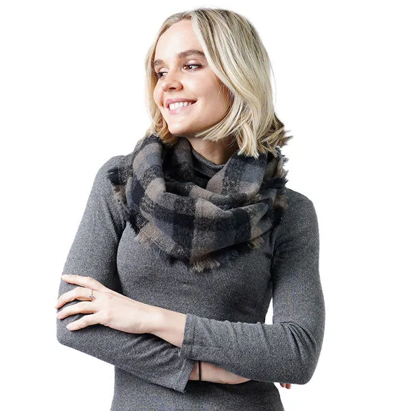 Plaid Check Infinity Scarf With Frayed Edge