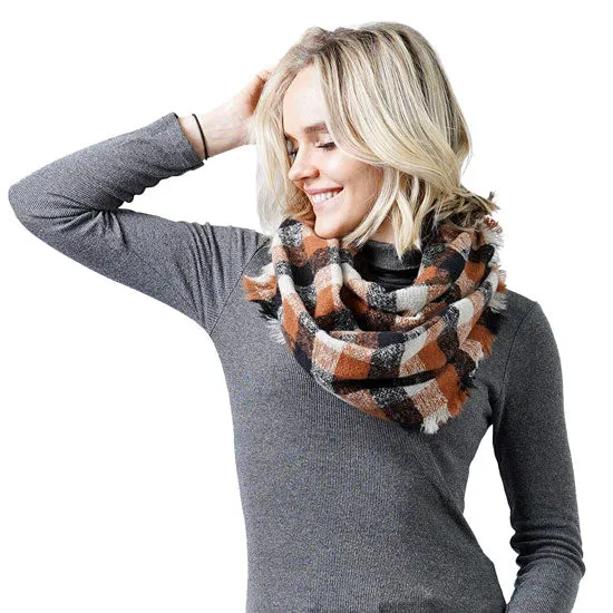 Plaid Check Infinity Scarf With Frayed Edge