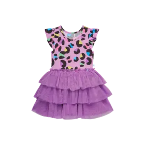 Posh Peanut - Ruffled Cap Sleeve Tulle Dress in Electric Leopard