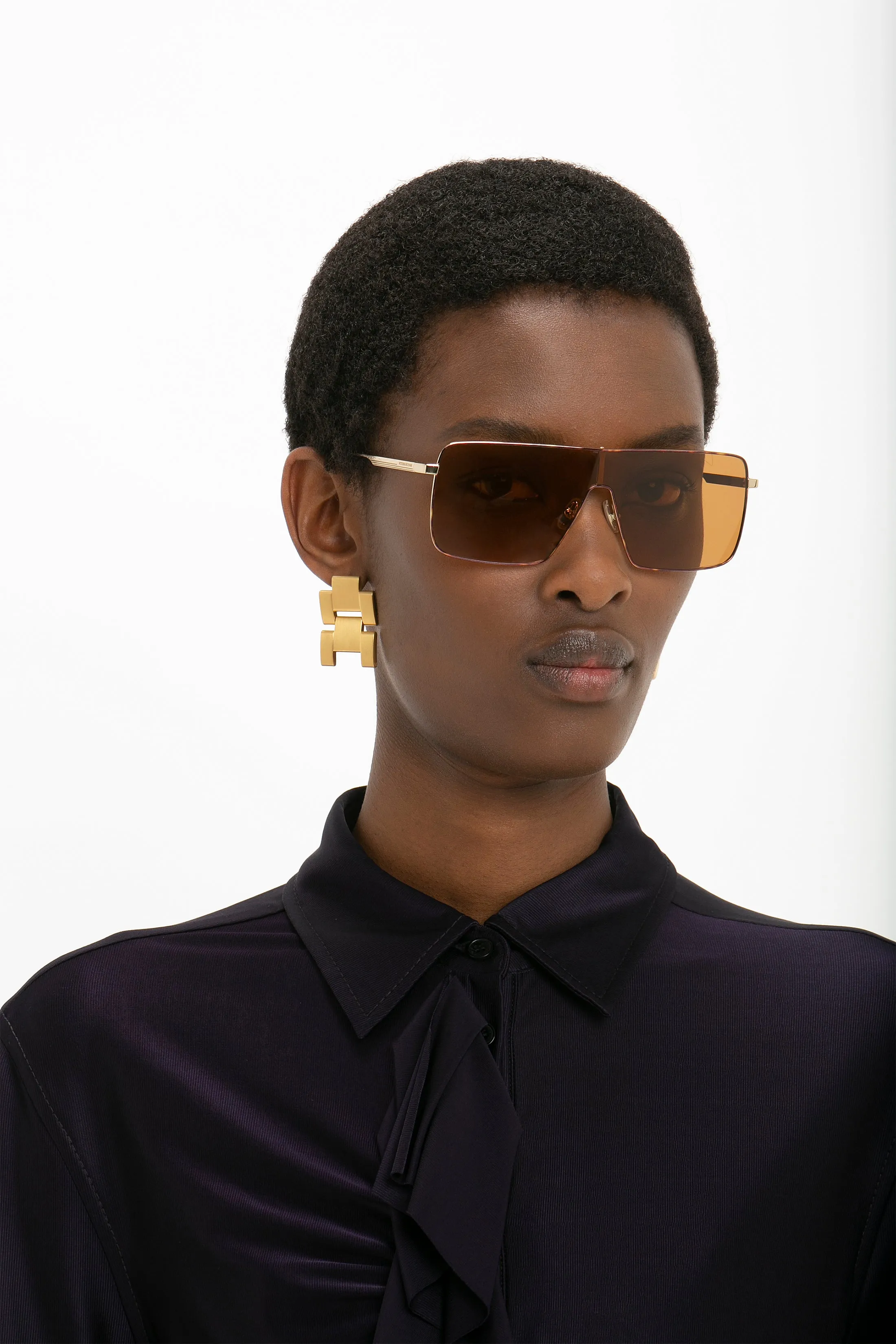 Rectangular Visor Gold-Framed Sunglasses