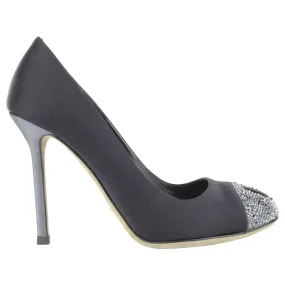 Sergio Rossi Black Satin Crystal Cap Toe Peep Toe Pumps - 36.5