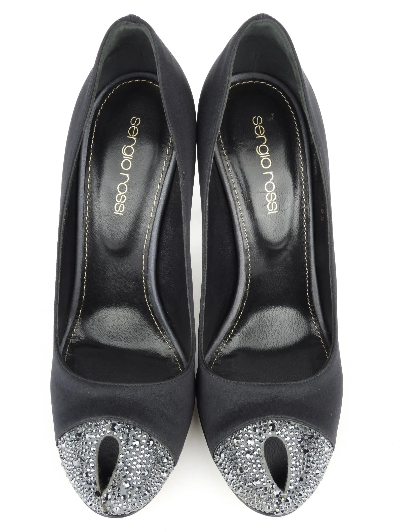 Sergio Rossi Black Satin Crystal Cap Toe Peep Toe Pumps - 36.5