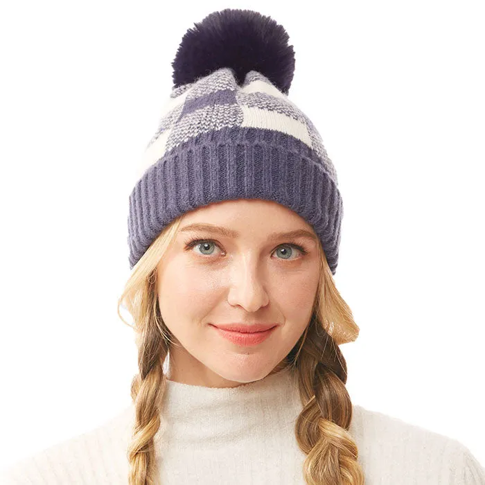 Soft Cozy Buffalo Check Knit Pom Pom Beanie Hat