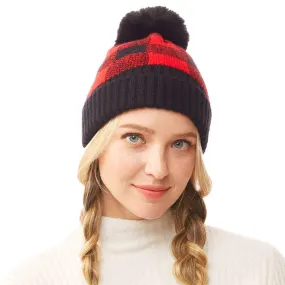 Soft Cozy Buffalo Check Knit Pom Pom Beanie Hat