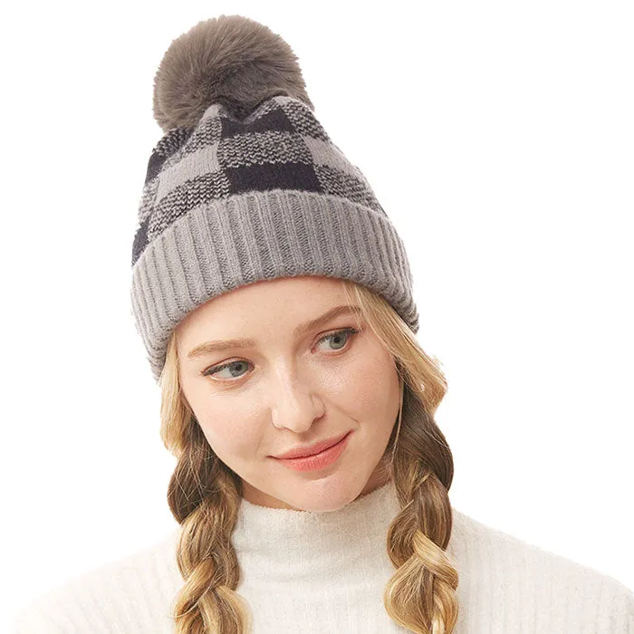 Soft Cozy Buffalo Check Knit Pom Pom Beanie Hat