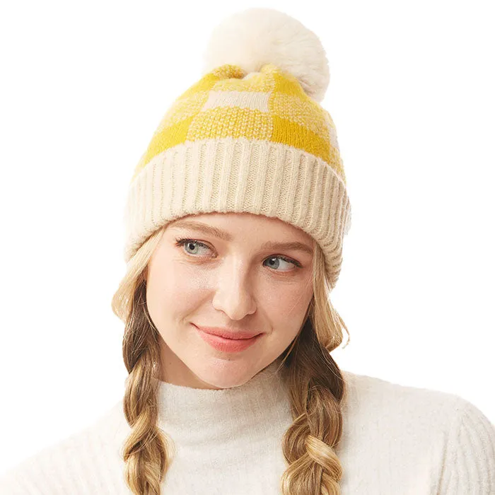 Soft Cozy Buffalo Check Knit Pom Pom Beanie Hat