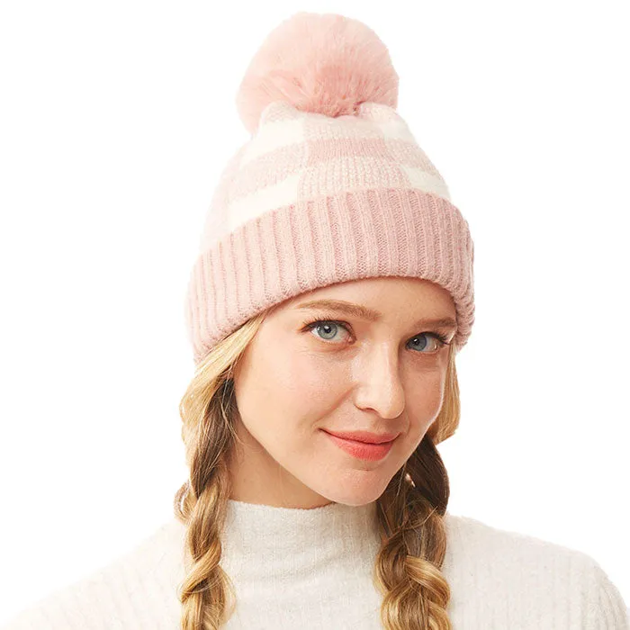 Soft Cozy Buffalo Check Knit Pom Pom Beanie Hat