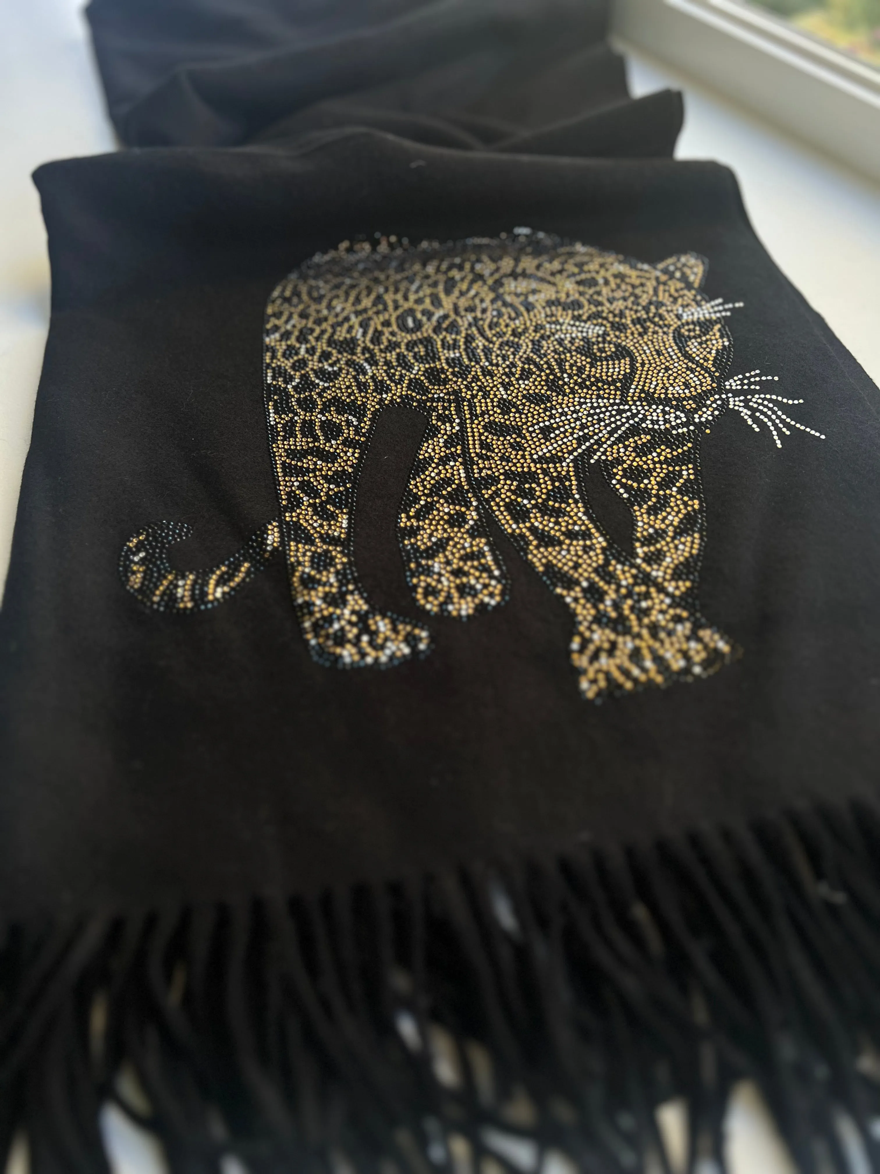 Luxurious Swarovski Embellished Tiger Print Cashmere Scarf