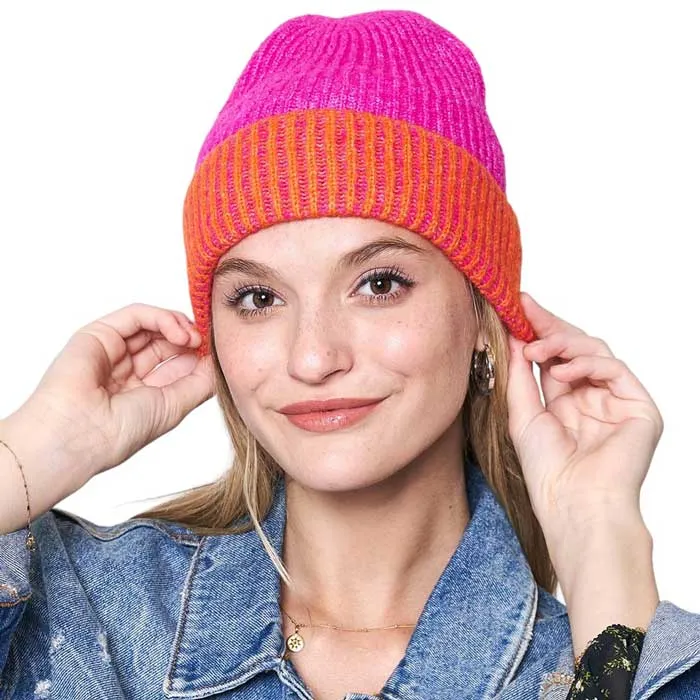 Two Tone Cuff Beanie Hat