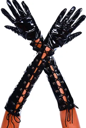 Wet Look Ribbon Lace Up Gloves