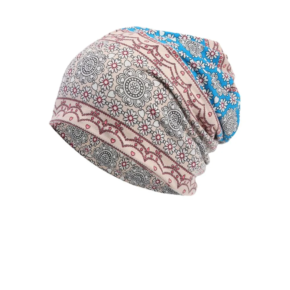 Women Full Cotton Non-allergenic Baotou Hat Bib Fashion Flower Printed Autumn Winter Plus Velvet Warm  Scarf Beanie Hat