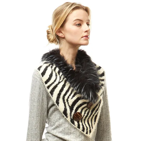 Zebra Pattern Faux Fur and Bottons Chenille Tube Scarf